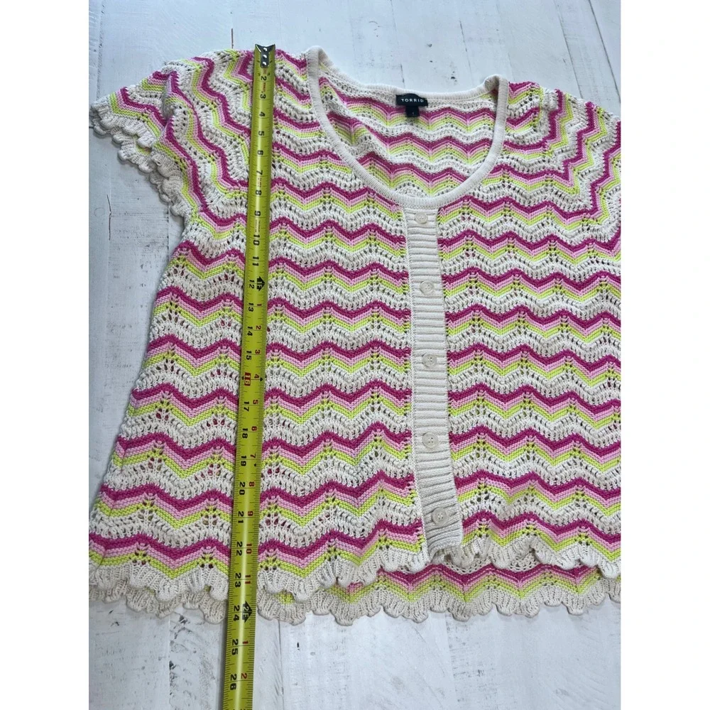 Torrid Pink Lime Green Chevron Crochet Cotton Short Sleeve Cardigan Sweater 1 - Picture 5 of 7